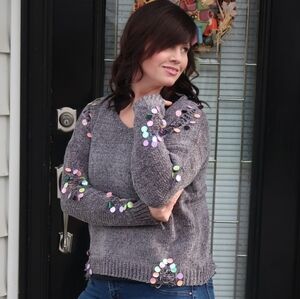 Charcoal Gray Distressed Sequin Sweater | S/M M/L